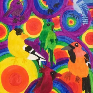 A Collage of Birds and Rainbow Circles